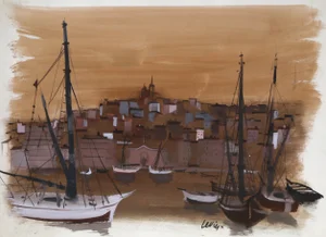 Charles Levier Marseilles Harbor, Watercolor Painting by Charles Levier circa 1960