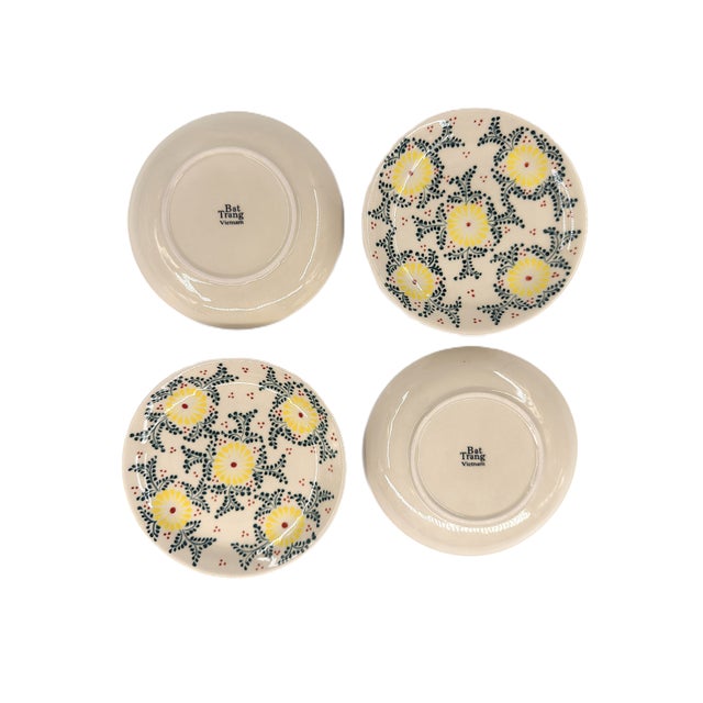 Folk Art Set of 4 Bat Trang Vietnamese Ceramic Dessert/Salad Plates With Yellow and Blue Hand Painted Floral Motifs For Sale - Image 3 of 8