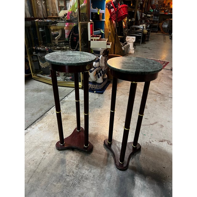 Wood Vintage Pair of Green Stone Top Round Side Tables For Sale - Image 7 of 9