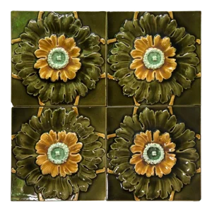 French Set of 4 Majolica Flowers Tiles, circa 1890