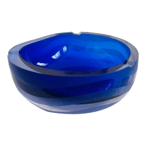 Mid Century Modern Vintage Striped Asymmetric Cobalt Blue Glass Ashtray