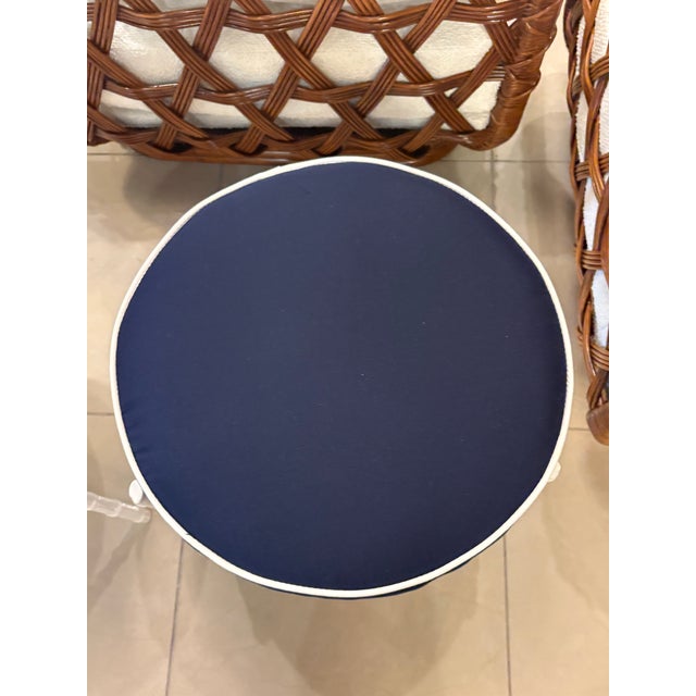 White Pair Vintage Restored Faux Bamboo Metal Stools Benches Sunbrella Patio Outdoor For Sale - Image 8 of 12