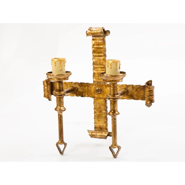 1950s Spanish Gilt Metal 2-Light Wall Sconce For Sale - Image 4 of 9