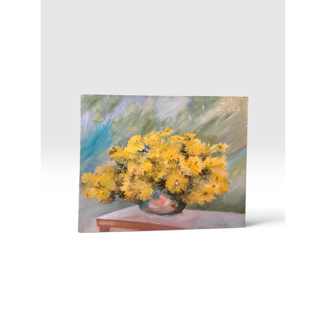 1980s Francis “Duke” Downs Palm Beach Yellow Chrysanthemum Floral Still Life Original Oil on Canvas, 30” For Sale - Image 4 of 9