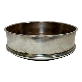 Vintage Silver Plate Solid Collar Wine Coaster With Beaded Rim and Wooden Base Made in England - Circa 1930’s For Sale