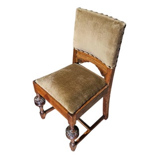 Jacobean Tudor Style Oak Chairs with Green Velvet Upholstery, 1930s For Sale