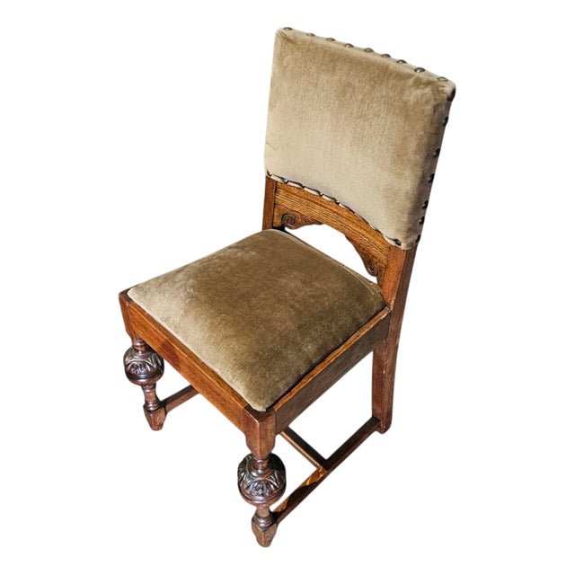 Jacobean Tudor Style Oak Chairs with Green Velvet Upholstery, 1930s For Sale