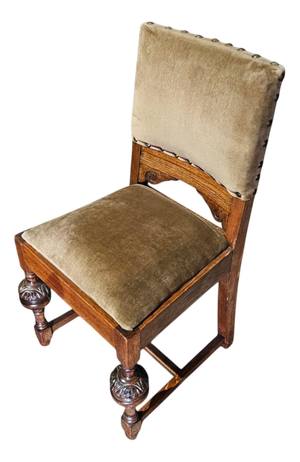 Jacobean Tudor Style Oak Chairs with Green Velvet Upholstery, 1930s
