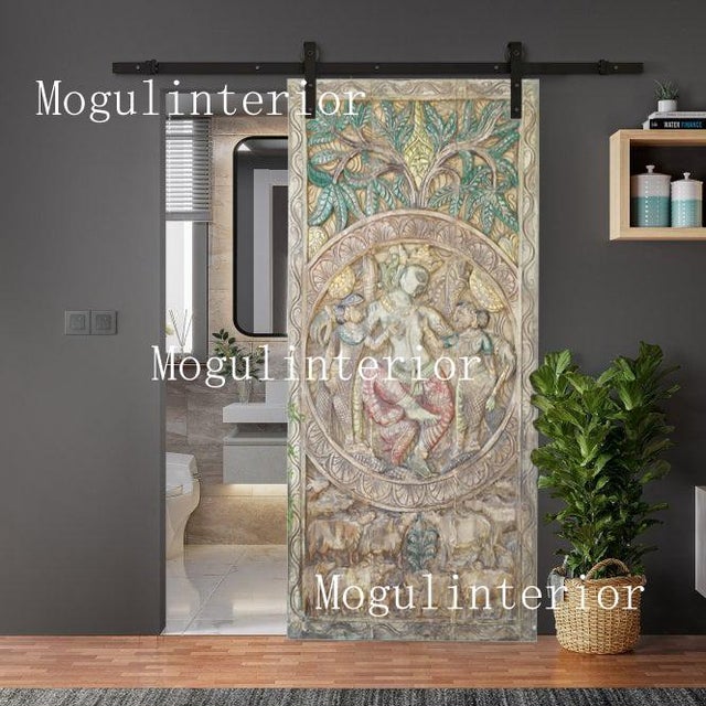 Vintage Krishna Carved Temple Panel – Colorful Indian Barn Door & Sacred Wall Art 72x36 For Sale - Image 4 of 4