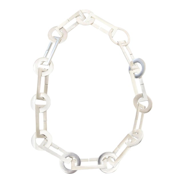 Vintage Sterling Silver Circle and Rectangle Modernist Link Chain Necklace, 1960's For Sale