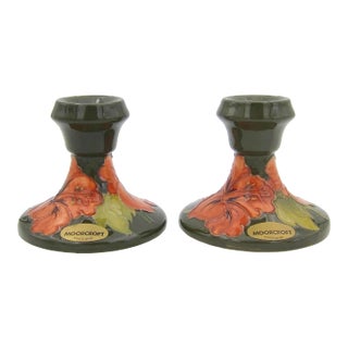 English Moorcroft Pottery Candle Holders in Green Hibiscus Pattern For Sale