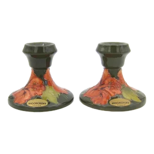 English Moorcroft Pottery Candle Holders in Green Hibiscus Pattern