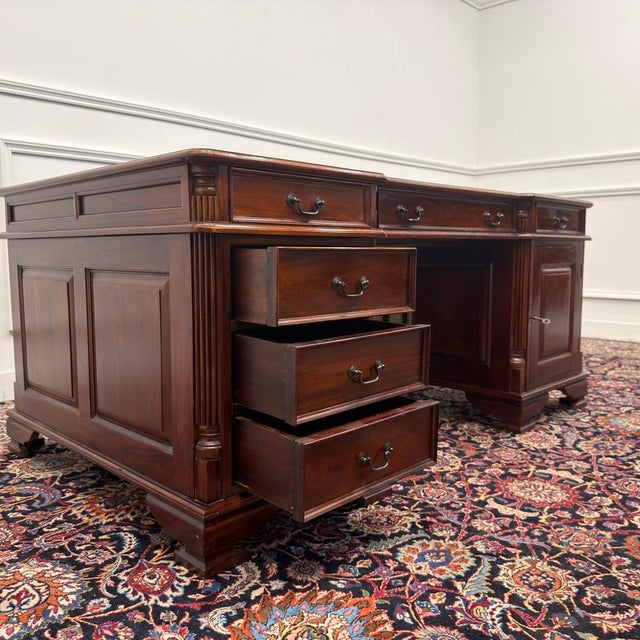 English Partner Desk with Green Leather For Sale - Image 13 of 18