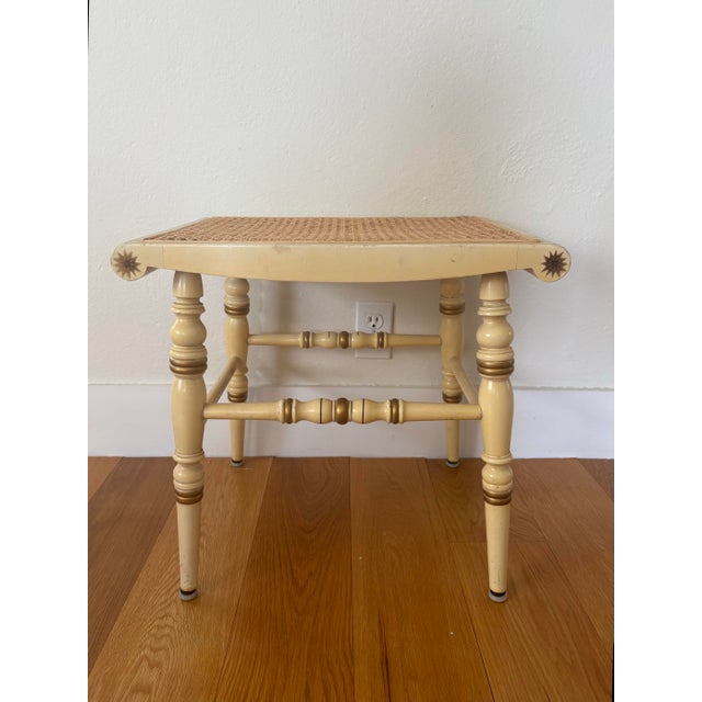 American 1950s Genuine Hitchcock Bench Federal Style Cream Color With Stenciled Details and Cane Seat For Sale - Image 3 of 12