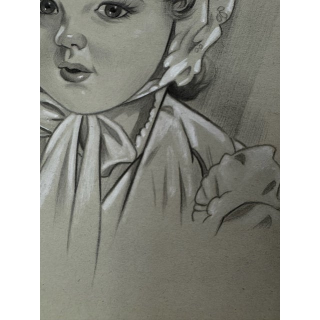 American 1940s Original Signed Graphite Illustration of Young Girl in Bonnet, 11.5 × 9 In. For Sale - Image 3 of 6