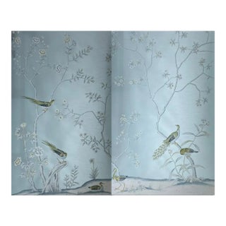 Set of 2 Hand-Painted Chinoiserie Wallpaper Panels With Peacocks & Birds For Sale