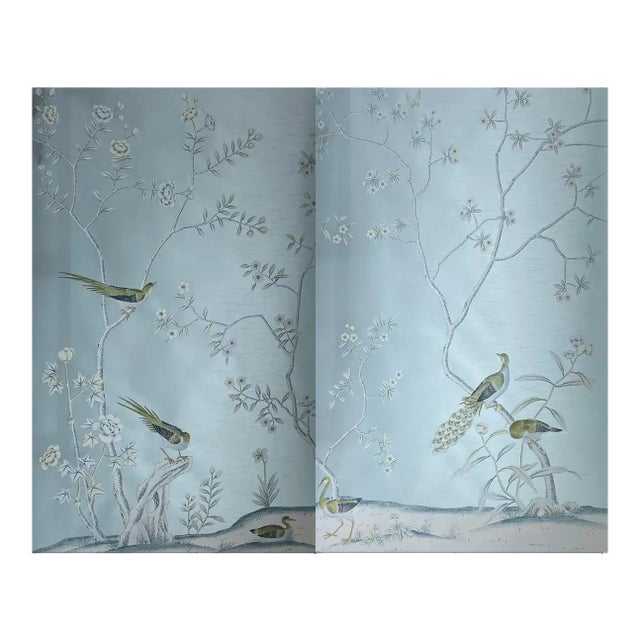 Set of 2 Hand-Painted Chinoiserie Wallpaper Panels With Peacocks & Birds For Sale