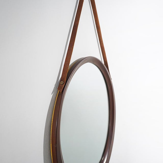 Glass Round Wall Mirror with Leather Strap, 1960s For Sale - Image 7 of 14