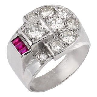 1960s Mid Century Old European Cut Diamond Ruby Platinum Buckle Ring, Size 5 For Sale