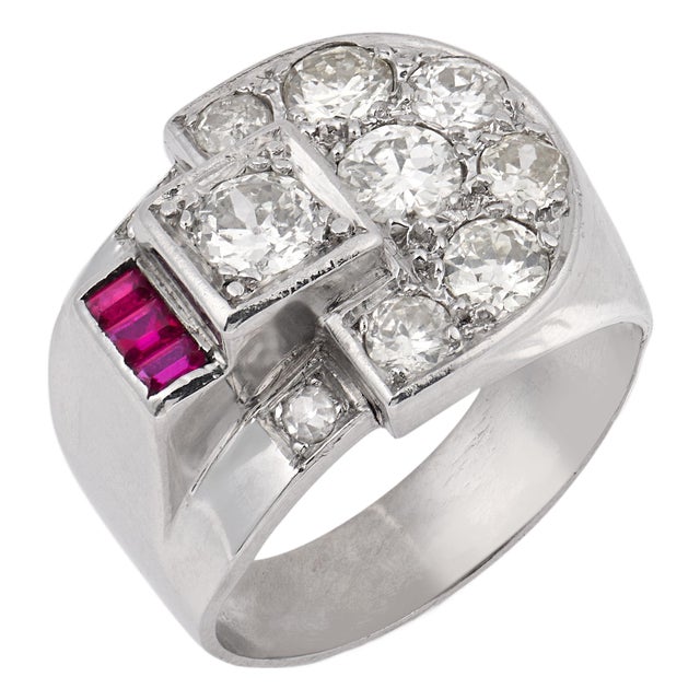 1960s Mid Century Old European Cut Diamond Ruby Platinum Buckle Ring, Size 5 For Sale
