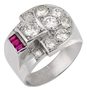 1960s Mid Century Old European Cut Diamond Ruby Platinum Buckle Ring, Size 5