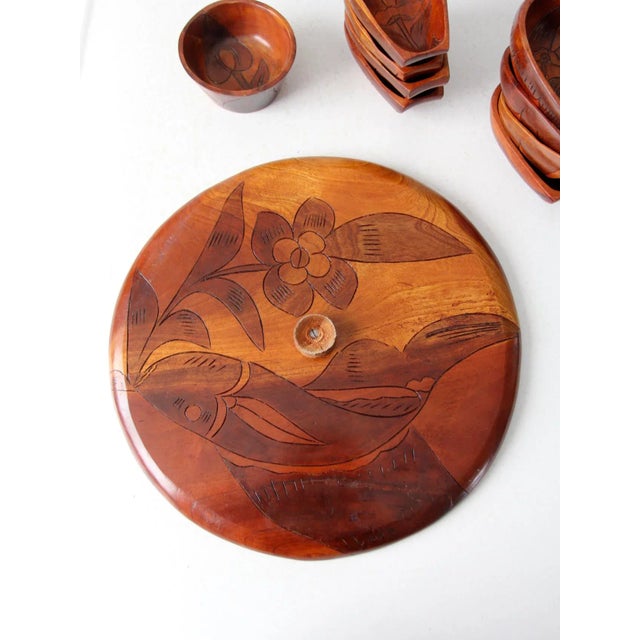 Mid-Century Tropical Carved Wood Serving Tray Set - Set of 10 For Sale - Image 9 of 10