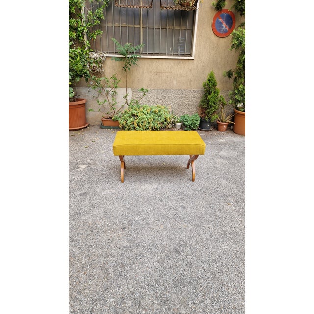 Bench with Light-Colored Crossed Wooden Legs and Yellow Fabric Seat, 1940s For Sale - Image 9 of 10