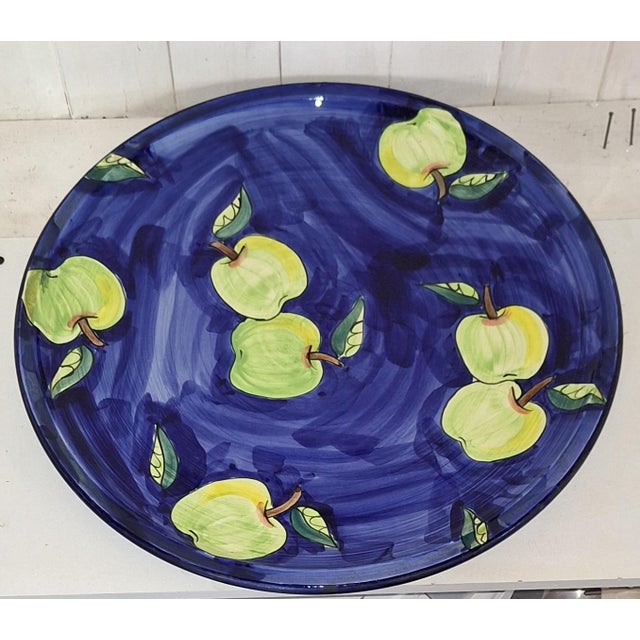 Vintage Italian Ceramic Serving Platter with Yellow-Green Apples on a Blue Background, 1996 For Sale - Image 3 of 7