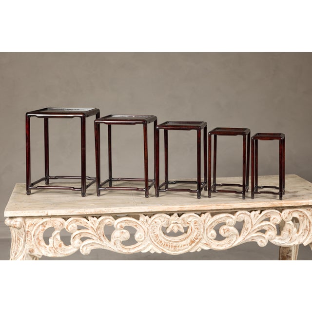 Set of Five Small Size Dark Rosewood Nesting Tables with Humpback Stretchers For Sale - Image 11 of 12