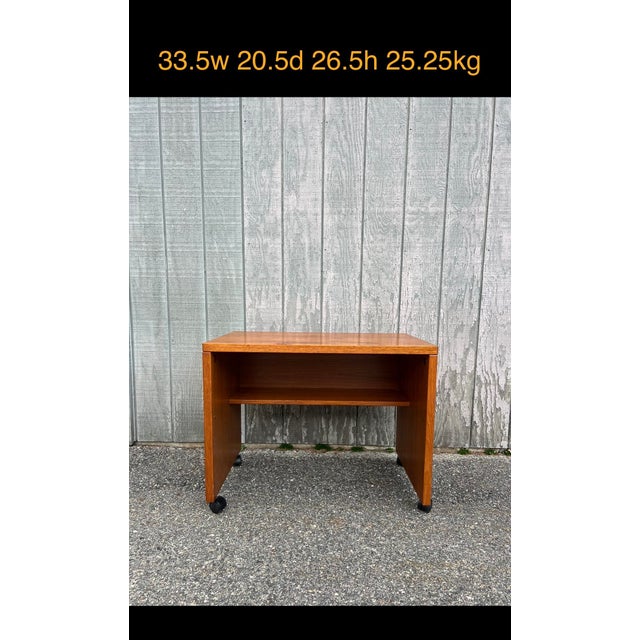 Wood Danish Modern Teak Writing Desk With Finished Back on Castor Wheels For Sale - Image 7 of 13