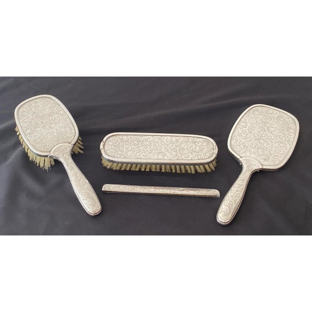 Mid 20th Century European Silver 835 with Crescent and Crown Four Piece Vanity Set: Beveled Mirror, Hair Brush, Clothes...