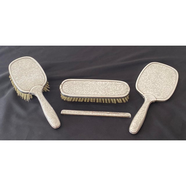 Mid 20th Century European Silver 835 with Crescent and Crown Four Piece Vanity Set: Beveled Mirror, Hair Brush, Clothes...