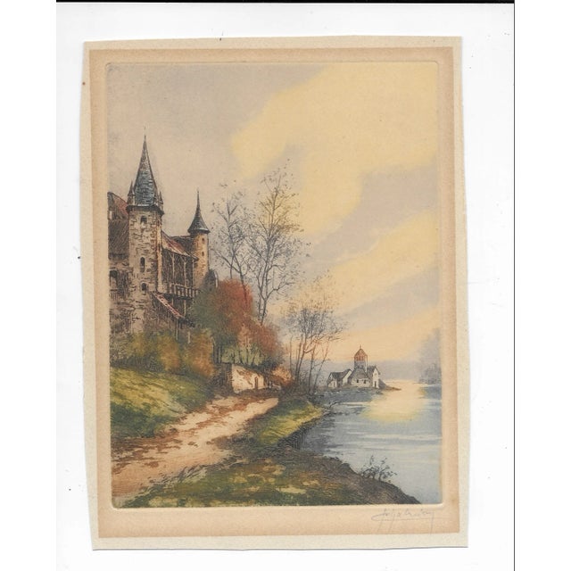 Traditional Antique European Castle Hand Colored Etching For Sale - Image 3 of 3