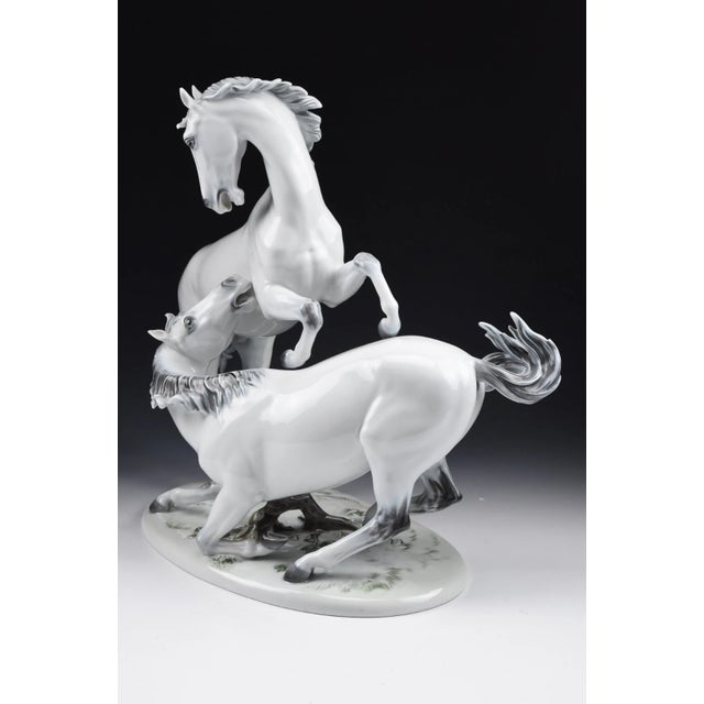 Rosenthal Mid 20th Century Large 16" Hugo Meisel for Rosenthal German Hand Painted Sculpture of Two Horses For Sale - Image 4 of 7