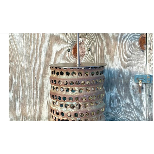 Greige Vintage Boho Punch Cut Cylinder Lamp For Sale - Image 8 of 13