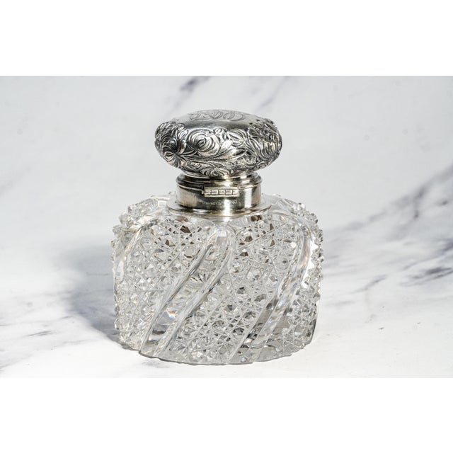 Magnificent Large Paperweight Style Cut Crystal Antique Victorian Sterling Silver Desk Inkwell Home Decor For Sale - Image 9 of 18