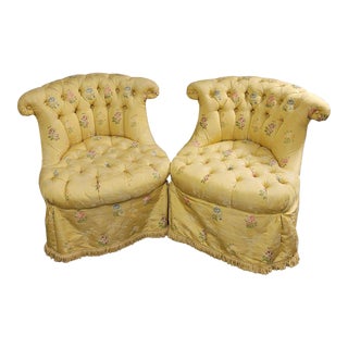 Pair of Baker Yellow Tufted Slipper Chairs With Fringe For Sale