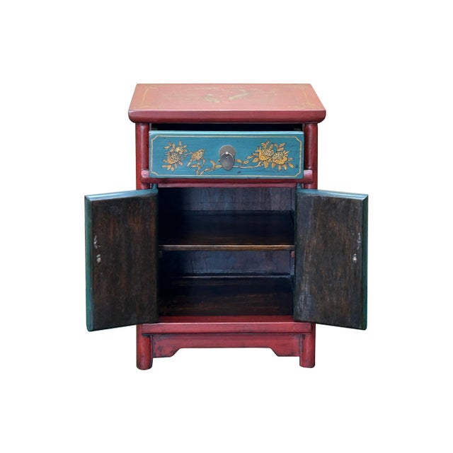 Wood Oriental Red Blue Doors Golden Butterflies Fishes Graphic End Table Nightstand For Sale - Image 7 of 8