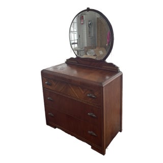 Art Deco Waterfall Vanity - 3 Drawer Dresser - Walnut Inlays - Original Etched Mirror, c.1935 For Sale