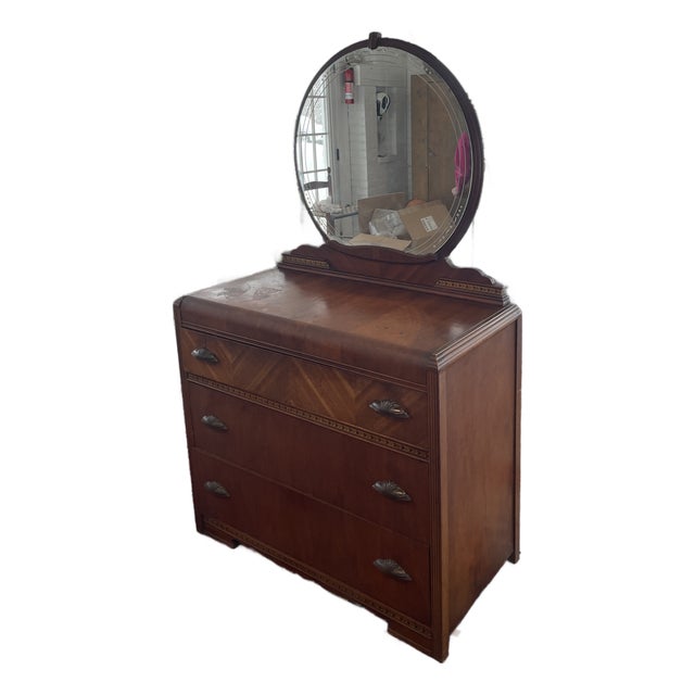 Art Deco Waterfall Vanity - 3 Drawer Dresser - Walnut Inlays - Original Etched Mirror, c.1935 For Sale