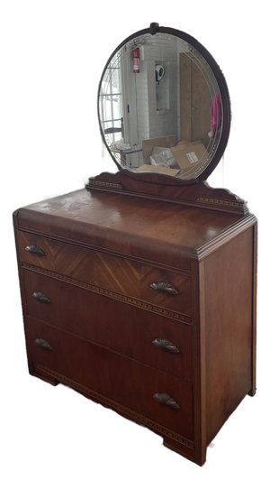 Art Deco Waterfall Vanity - 3 Drawer Dresser - Walnut Inlays - Original Etched Mirror, c.1935