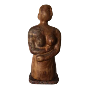 J. Terkiel Abstract Carved Wood Sculpture on Stone Base Signed and Dated