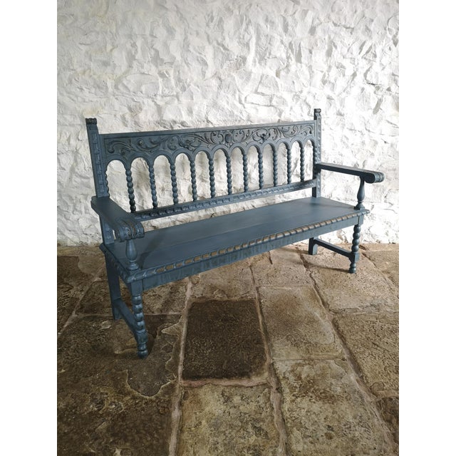 Large antique 19th-century Spanish bench, made of solid chestnut wood with wonderful carved features throughout. Grey/blue...