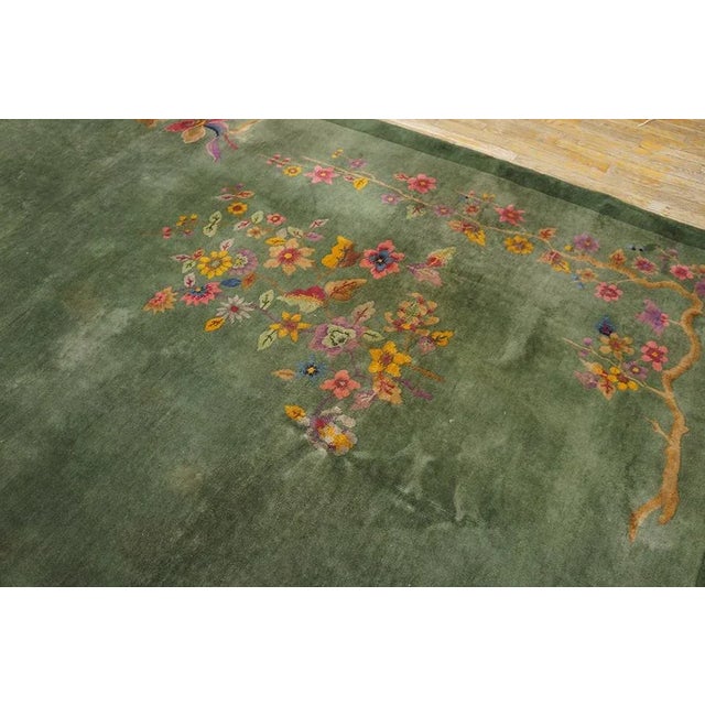 1920s Green Floral Bamboo Antique Chinese Art Deco Carpet 7' 10'' X 9' 7'' Knotted Wool Rug For Sale - Image 10 of 11
