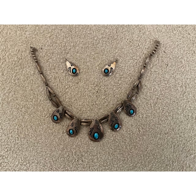 Vintage M. White Sterling Silver & Turquoise Shadow Box Necklace & Earrings For Sale - Image 4 of 4