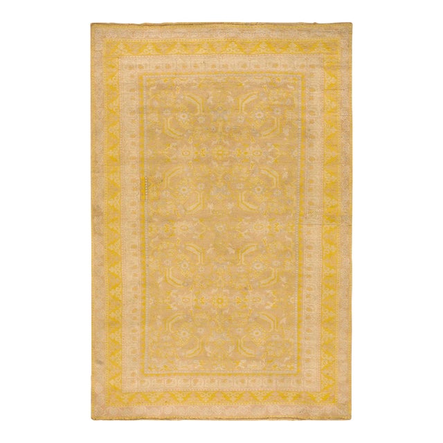 1930s Orange Peach Geometric Herati Antique Indian Cotton Agra Rug 4'7" X 7'2" Handknotted Wool Carpet For Sale