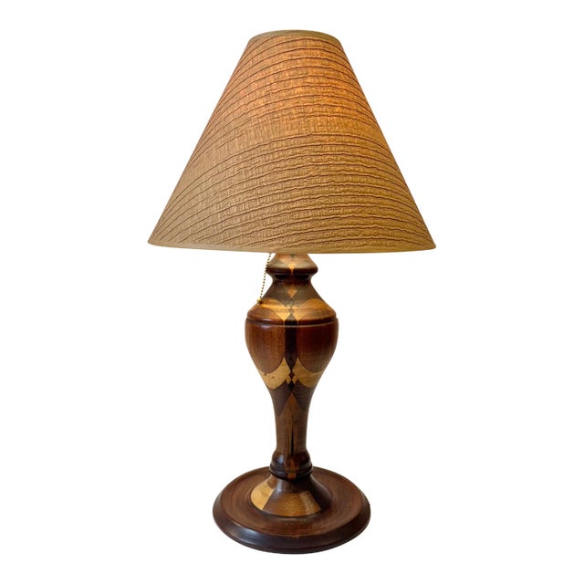 Mid-Century Turned Mixed Wood Lamp With Shade For Sale