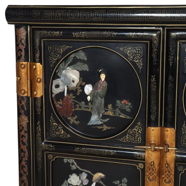Black Early 20th Century Chinese Ebonized & Gilt Credenza With Figural & Floral Soap Stone Inlay 20thC For Sale - Image 8 of 17