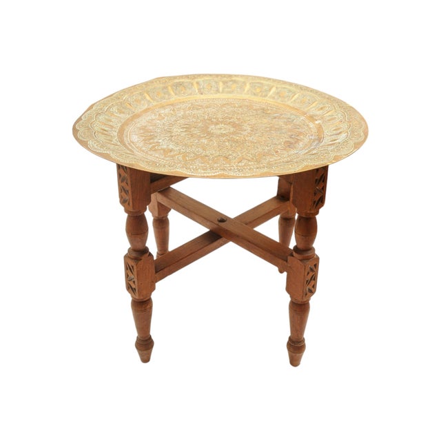 Wood Handcrafted Folding Tea Table with Brass Tray from Liberty of London, 1900s, Set of 2 For Sale - Image 7 of 13