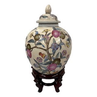 Vintage Chinese Wbi Hand-Painted Famille Rose Peach Ginger Jar & Lid W/Stand For Sale
